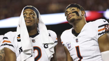 October 5, 2023; Landover, Maryland; D.J. Moore and Justin Fields during the Bears' Week 5 win over the Commanders