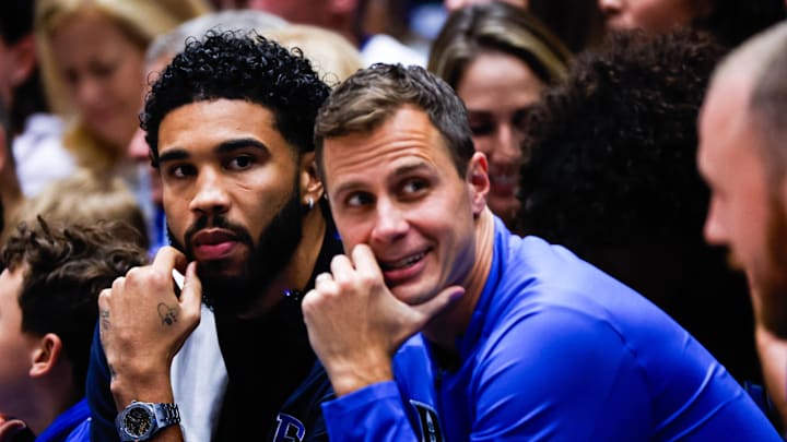 Oct 3, 2025; Durham, NC, USA;  Jayson Tatum, NBA Boston Celtics player, helps coach alongside Duke Blue Devils head coach Jon Scheyer during the Countdown to Craziness.