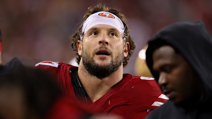 Dec 30, 2024; Santa Clara, California, USA; San Francisco 49ers defensive end Nick Bosa (97) looks on during the fourth quarter against the Detroit Lions at Levi's Stadium. Mandatory Credit: Sergio Estrada-Imagn Images