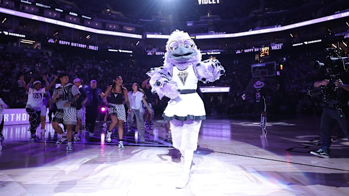 The Golden State Valkyries mascot Violet is introduced during halftime against the Connecticut Sun at Chase Center. 