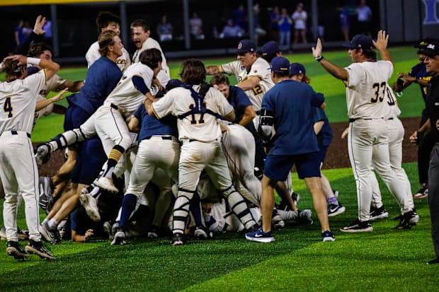Murray State celebrates a win after the ninth inning of the Durham Super Regional against Duke at Jack Coombs Field.