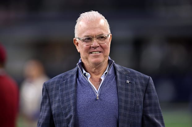 ;Dallas Cowboys CEO Stephen Jones walks on the field before the game against the Tampa Bay Buccaneers 