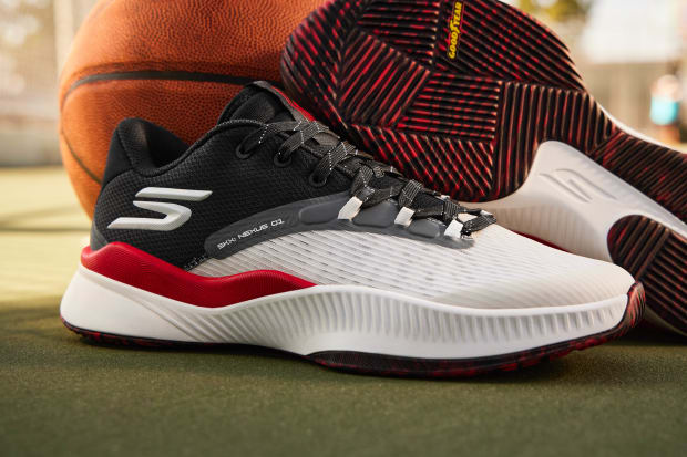 Black and red Skechers basketball shoes.