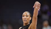 Jun 7, 2025; San Francisco, California, USA; Las Vegas Aces center A'ja Wilson (22) warms up before the game against the Golden State Valkyries at Chase Center. 