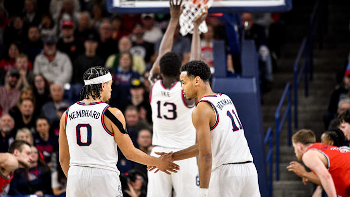 Gonzaga senior guards Ryan Nembhard (0) and Nolan Hickman (11). Gonzaga senior guards Ryan Nembhard (0) and Nolan Hickman (11).