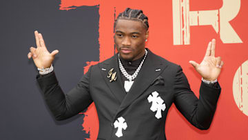 Apr 24, 2025; Green Bay, WI, USA; Alabama Crimson Tide quarterback Jalen Milroe on the red carpet before the 2025 NFL Draft at Lambeau Field. Mandatory Credit: Kirby Lee-Imagn Images