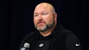 Former New York Jets general manager Joe Douglas speaks to media.