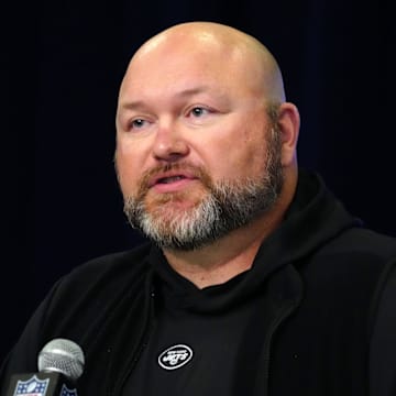 Former New York Jets general manager Joe Douglas speaks to media.