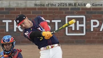 Jul 14, 2025; Atlanta, GA, USA; Athletics designated hitter Brent Rooker (25) during the 2025 Home Run Derby at Truist Park. Mandatory Credit: Dale Zanine-Imagn Images