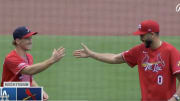 Matthew Tkachuk and Jayson Tatum throw the first pitch at Busch Stadium before the St. Louis Cardinals host the Los Angeles Dodgers.