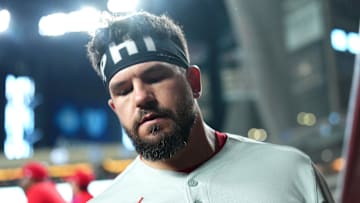Sep 20, 2025; Phoenix, Arizona, USA; Philadelphia Phillies outfielder Kyle Schwarber (12) looks on against the Arizona Diamondbacks during the first inning at Chase Field. Mandatory Credit: Joe Camporeale-Imagn Images