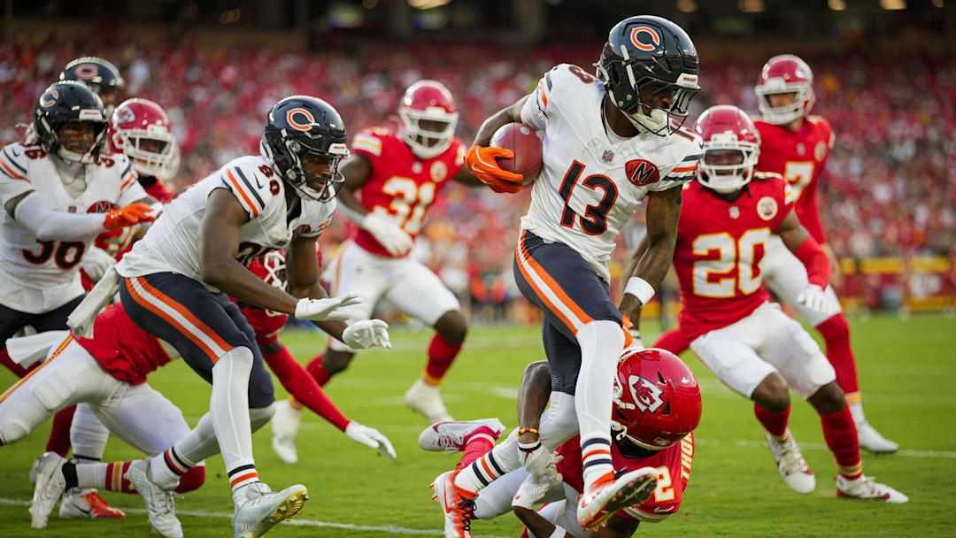 Chicago Bears wide receiver Maurice Alexander (13) returns a kickoff against Kansas City Chiefs wide receiver Tyquan Thornton (2) during the first half at GEHA Field at Arrowhead Stadium. Mandatory Credit: Jay Biggerstaff-Imagn Images