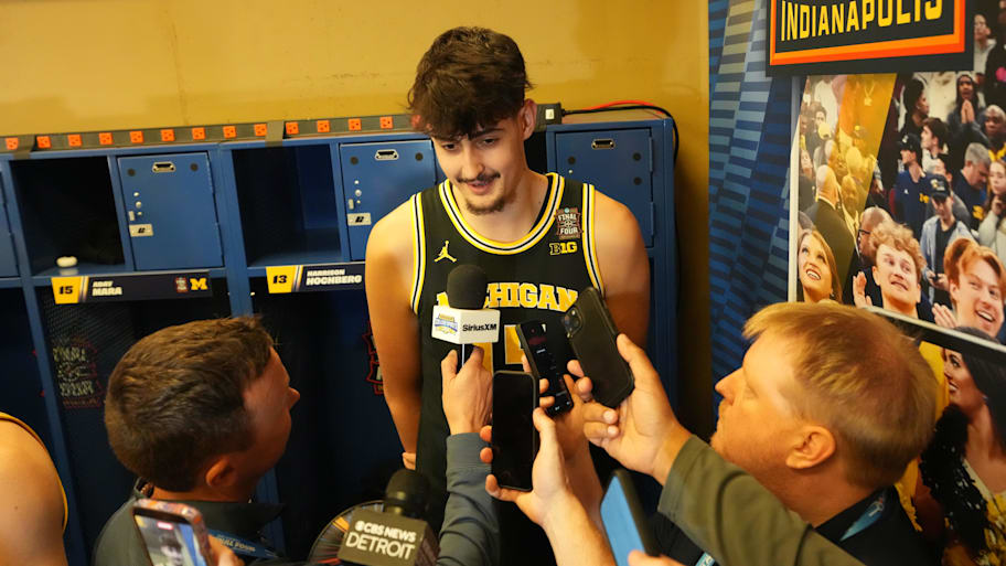 Michigan center Aday Mara is interviewed during media availability for the Final Four.