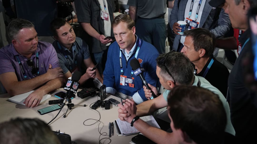 Apr 1, 2025; Palm Beach, FL, USA;  Chicago Bears head coach Ben Johnson answers questions from the media during the NFL Annual League Meeting at The Breakers.