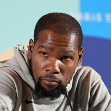 Jul 25, 2024; Paris, France; USA basketball player Kevin Durant talks to the media during a press conference. Mandatory Credit: Kirby Lee-USA TODAY Sports