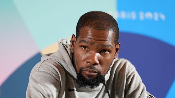 Jul 25, 2024; Paris, France; USA basketball player Kevin Durant talks to the media during a press conference. Mandatory Credit: Kirby Lee-USA TODAY Sports