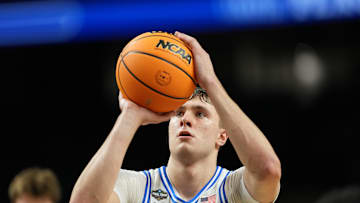 Apr 5, 2025; San Antonio, TX, USA; Duke Blue Devils forward Cooper Flagg (2) shoots a free throw against the Houston Cougars during the second half in the semifinals of the men's Final Four of the 2025 NCAA Tournament at the Alamodome. Mandatory Credit: Bob Donnan-Imagn Images