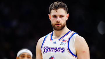 Feb 24, 2025; Boulder, Colorado, USA; Kansas Jayhawks center Hunter Dickinson (1) during the second half against the Colorado Buffaloes at the CU Events Center. Mandatory Credit: Ron Chenoy-Imagn Images