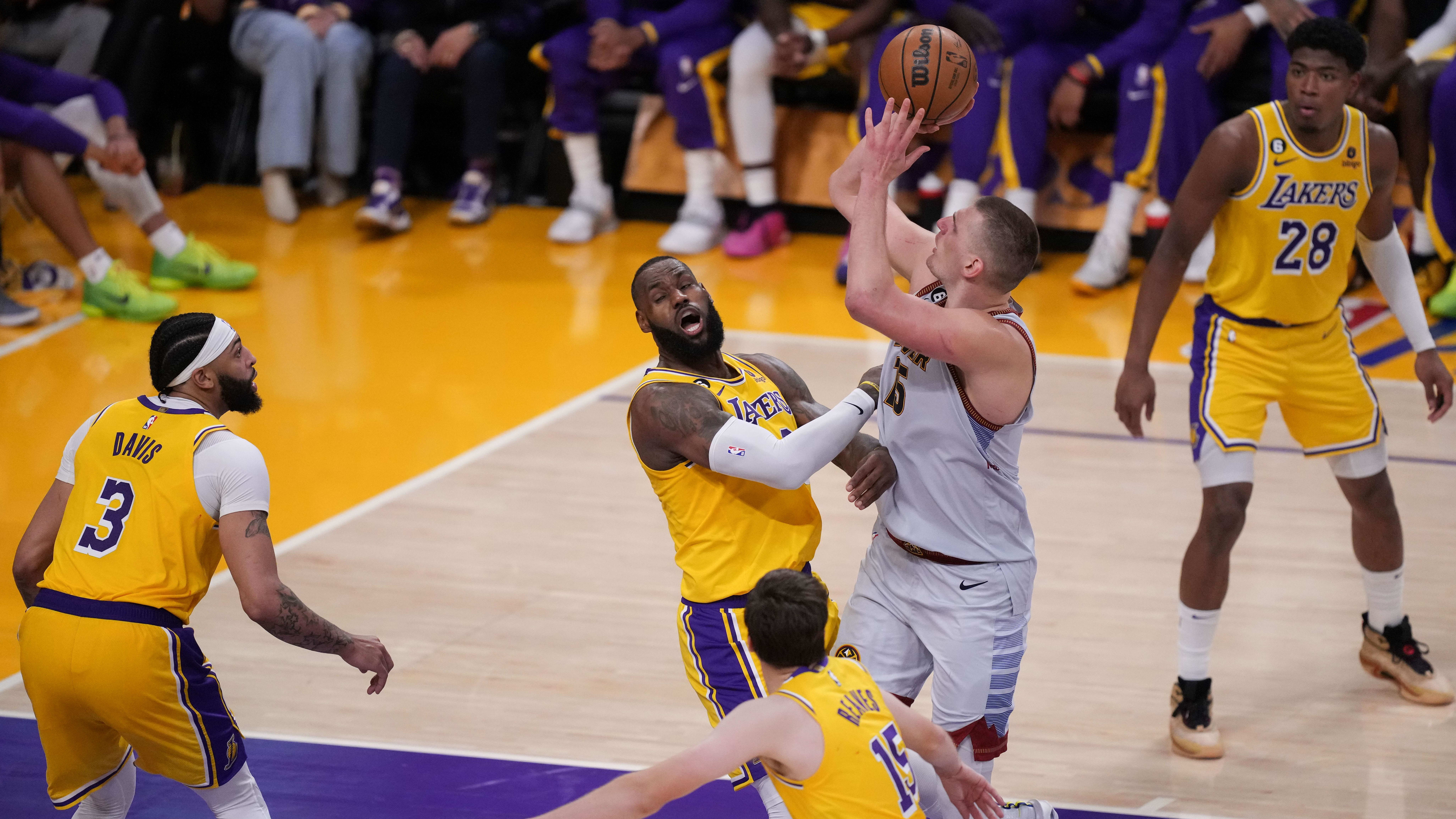 May 22, 2023; Los Angeles, California, USA; Denver Nuggets center Nikola Jokic (15) shoots the ball