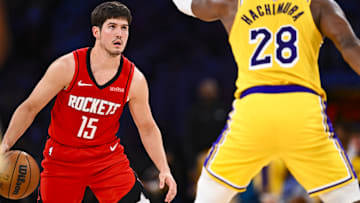  Houston Rockets guard Reed Sheppard (15) looks to shoot against Los Angeles Lakers forward Rui Hachimura (28) during the second half at Crypto.com Arena. Ma