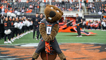 Oct 11, 2025; Corvallis, Oregon, USA; Oregon State Beavers mascot Benny Beaver on the field prior to the game against the Wake Forest Demon Deacons at Reser Stadium. Mandatory Credit: Craig Strobeck-Imagn Images