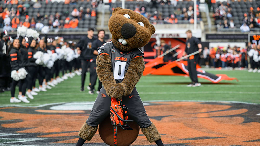 Oct 11, 2025; Corvallis, Oregon, USA; Oregon State Beavers mascot Benny Beaver on the field prior to the game against the Wake Forest Demon Deacons at Reser Stadium. Mandatory Credit: Craig Strobeck-Imagn Images