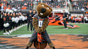 Oct 11, 2025; Corvallis, Oregon, USA; Oregon State Beavers mascot Benny Beaver on the field prior to the game against the Wake Forest Demon Deacons at Reser Stadium. Mandatory Credit: Craig Strobeck-Imagn Images