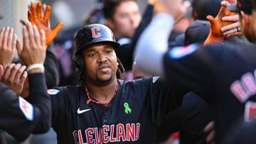 May 25, 2024; Anaheim, California, USA; Cleveland Guardians third baseman Jose Ramirez (11) celebrates after hitting a two-run home run against the Los Angeles Angels during the third inning at Angel Stadium. Mandatory Credit: Jonathan Hui-USA TODAY Sports