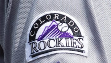 May 30, 2015; Philadelphia, PA, USA; The Colorado Rockies logo on a players jersey in a game against the Philadelphia Phillies at Citizens Bank Park. Mandatory Credit: Bill Streicher-Imagn Images
