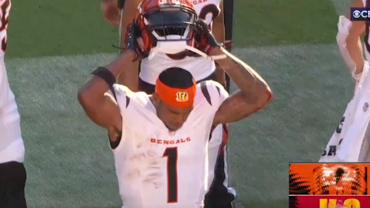 Chase slams his helmet on the Cincinnati Bengals' sideline after a costly penalty vs. the Kansas City Chiefs. 