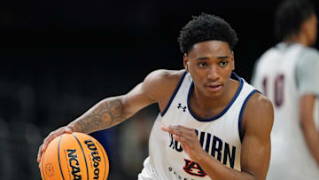 Apr 4, 2025; San Antonio, TX, USA; Auburn Tigers guard Tahaad Pettiford (0) during a practice session for the Final Four of the 2025 NCAA tournament at Alamodome. Mandatory Credit: Bob Donnan-Imagn Images