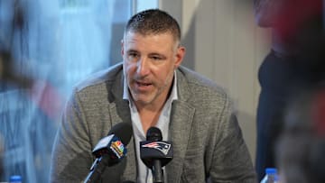 Mar 31, 2025; Palm Beach, FL, USA;  New England Patriots head coach Mike Vrabel answers questions from the media during the NFL Annual League Meeting at The Breakers. Mandatory Credit: Jim Rassol-Imagn Images