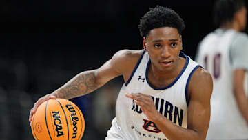 Apr 4, 2025; San Antonio, TX, USA; Auburn Tigers guard Tahaad Pettiford (0) during a practice session for the Final Four of the 2025 NCAA tournament at Alamodome. Mandatory Credit: Bob Donnan-Imagn Images