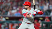 Sep 20, 2025; Phoenix, Arizona, USA; Philadelphia Phillies outfielder Kyle Schwarber (12) bats against the Arizona Diamondbacks during the third inning at Chase Field. Mandatory Credit: Joe Camporeale-Imagn Images