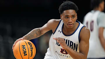 Apr 4, 2025; San Antonio, TX, USA; Auburn Tigers guard Tahaad Pettiford (0) during a practice session for the Final Four of the 2025 NCAA tournament at Alamodome. Mandatory Credit: Bob Donnan-Imagn Images