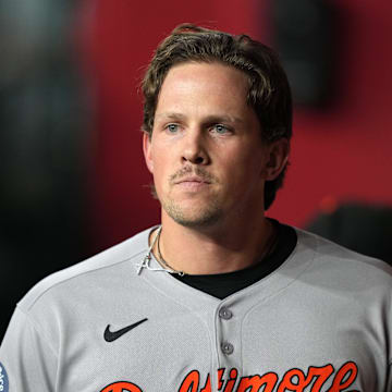 Apr 8, 2025; Phoenix, Arizona, USA; Baltimore Orioles catcher Adley Rutschman (35) looks on against the Arizona Diamondbacks during the fourth inning at Chase Field. Mandatory Credit: Joe Camporeale-Imagn Images