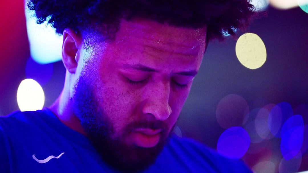 May 15, 2026; Cleveland, Ohio, USA; Detroit Pistons guard Cade Cunningham (2) listens to the national anthem before game six between the Cleveland Cavaliers and the Pistons in the second round of the 2026 NBA Playoffs at Rocket Arena. Mandatory Credit: Ken Blaze-Imagn Images