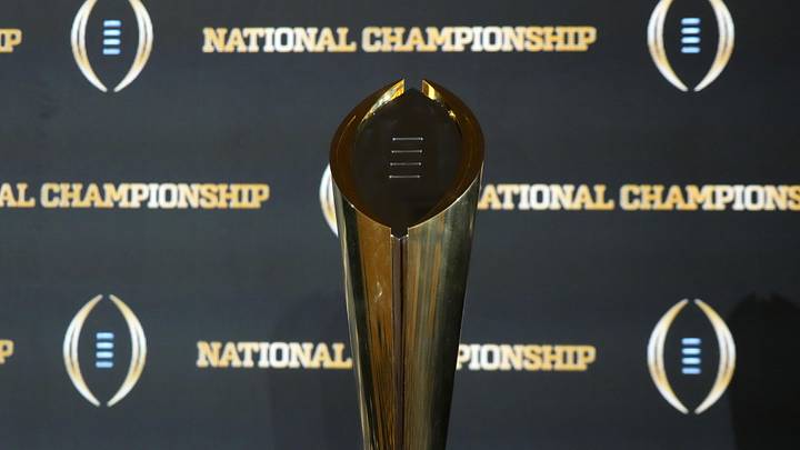Jan 20, 2026; Miami, FL, USA; The College Football Playoff national champoin trophy at the CFP Champions press conference at Marriott Marquis Miami. Mandatory Credit: Kirby Lee-Imagn Images