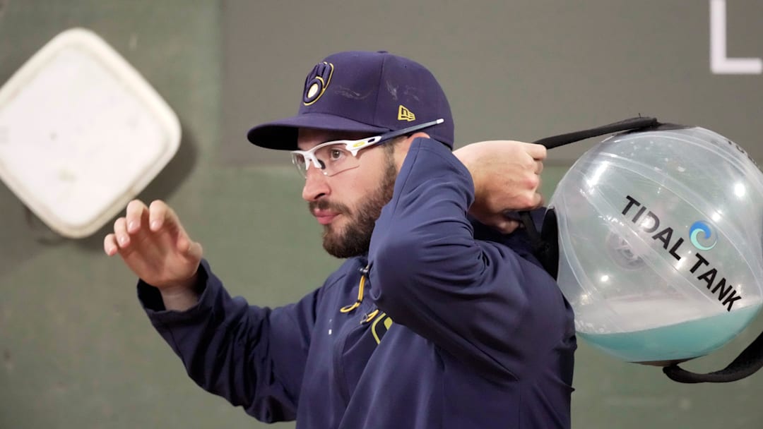 Milwaukee Brewers pitcher Aaron Ashby works out in the bullpen during the fifth inning of their game against the Pittsburgh Pirates Saturday, April 25, 2026 at American Family Field in Milwaukee, Wisconsin.