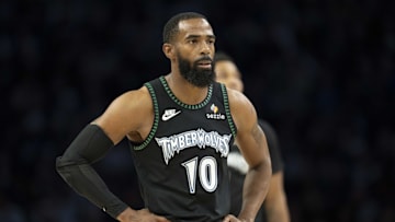 Oct 26, 2025; Minneapolis, Minnesota, USA; Minnesota Timberwolves guard Mike Conley (10) looks on against the Indiana Pacers in the first half at Target Center. Mandatory Credit: Jesse Johnson-Imagn Images