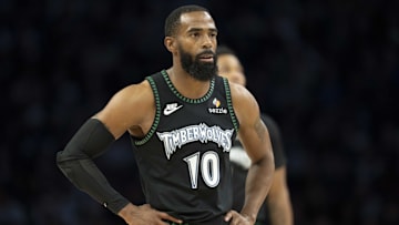 Oct 26, 2025; Minneapolis, Minnesota, USA; Minnesota Timberwolves guard Mike Conley (10) looks on against the Indiana Pacers in the first half at Target Center.