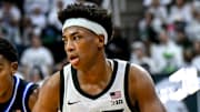 Michigan State's Jeremy Fears Jr., right, moves the ball as Duke's Caleb Foster defends during the second half on Saturday, Dec. 6, 2025, at the Breslin Center in East Lansing.