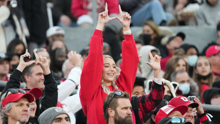 Sat., Jan. 1, 2022; Pasadena, California, USA; A Utah Utes fan cheers during the third quarter of the 108th Rose Bowl Game between the Ohio State Buckeyes and the Utah Utes at the Rose Bowl.

Rose Bowl Game Ohio State Buckeyes Against Utah Utes