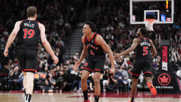 Scottie Barnes, Immanuel Quickley and Jakob Poeltl, Toronto Raptors