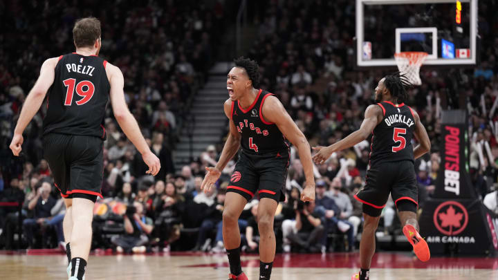 Scottie Barnes, Immanuel Quickley and Jakob Poeltl, Toronto Raptors