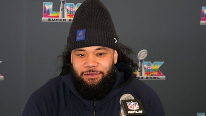 Feb 3, 2026; Santa Clara, CA, USA; New England Patriots defensive tackle Khyiris Tonga speaks to the media during Super Bowl LX press conference at Santa Clara Marriott. Mandatory Credit: Kirby Lee-Imagn Images