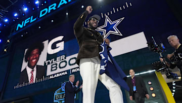 Apr 24, 2025; Green Bay, WI, USA; Alabama Crimson Tide offensive lineman Tyler Booker is selected by the Dallas Cowboys as the number twelve pick in the first round of the 2025 NFL Draft at Lambeau Field. Mandatory Credit: Kirby Lee-Imagn Images