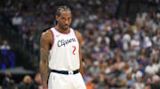 Apr 11, 2025; Sacramento, California, USA; Los Angeles Clippers forward Kawhi Leonard (2) during the first quarter against the Sacramento Kings at Golden 1 Center. Mandatory Credit: Darren Yamashita-Imagn Images