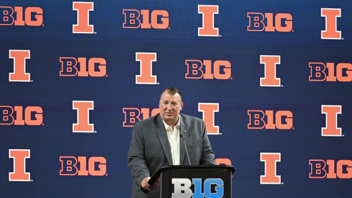 Jul 23, 2024; Indianapolis, IN, USA;  Illinois Fighting Illini head coach Bret Bielema speaks to the media during the Big 10 football media day at Lucas Oil Stadium. Mandatory Credit: Robert Goddin-USA TODAY Sports