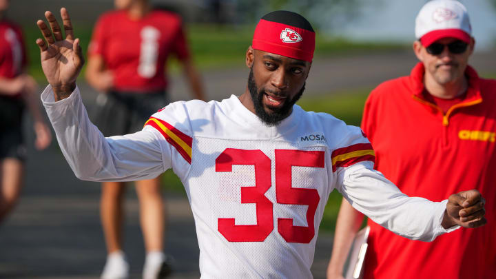 Jul 22, 2024; St. Joseph, MO, USA; Kansas City Chiefs cornerback Jaylen Watson (35) walks down the hill from the locker room to the fields prior to training camp at Missouri Western State University. Mandatory Credit: Denny Medley-USA TODAY Sports